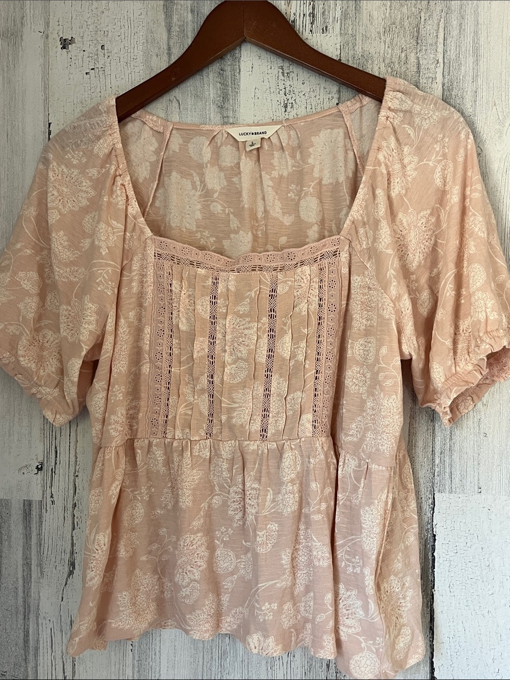 Lucky Brand Blush Pink Floral Lace-Trim Peasant Blouse